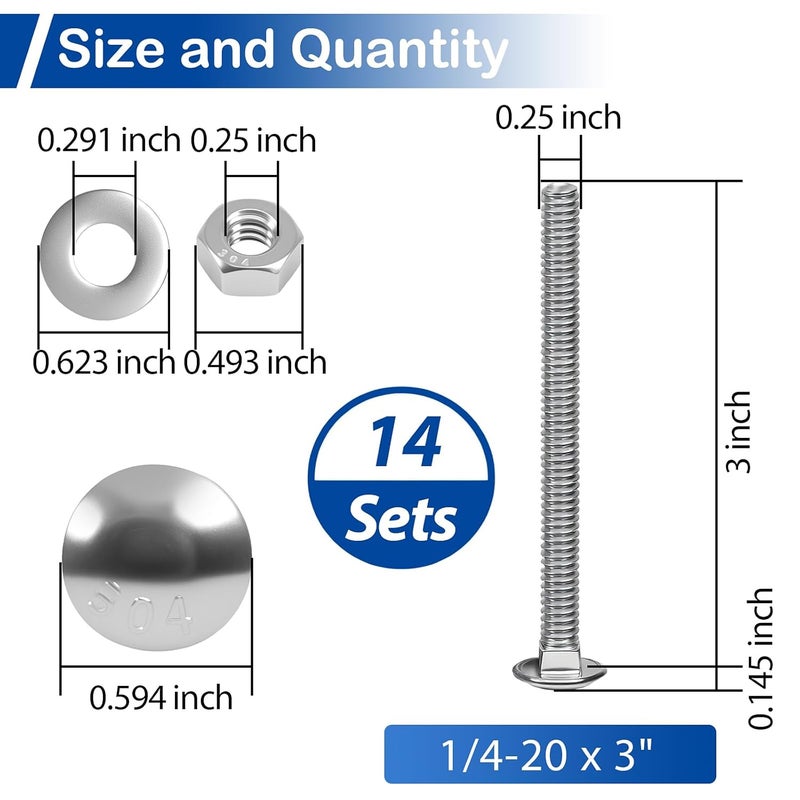 MroMax 1/4-20 x 3 Carriage Bolt Kit, 14 Sets Carriage Screws with Hex Nuts and Flat Washers, Stainless Steel 18-8(304) Round Head Square Neck Screw, Fully Threaded, Coarse - Image 3